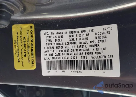 2013 Honda Accord Sdn Ex-L from USA, damaged, VIN 1HGCR2F81DA112528